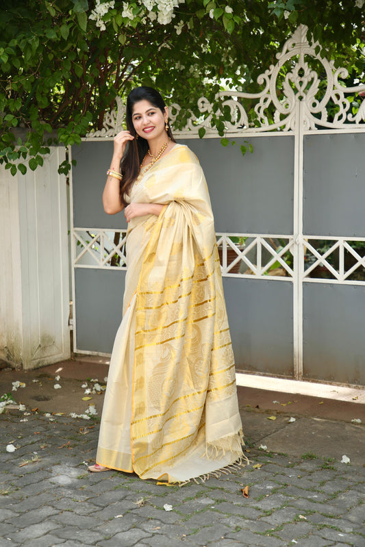 Rich Pallu Handloom replica golden tissue saree with tussels