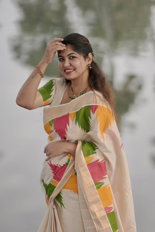 Golden tissue multi color temple saree
